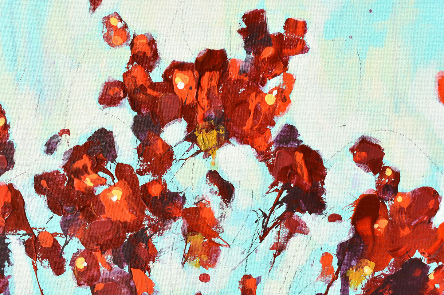 Red Flowers In February 10″ x 20″ Abstract Painting on Panel