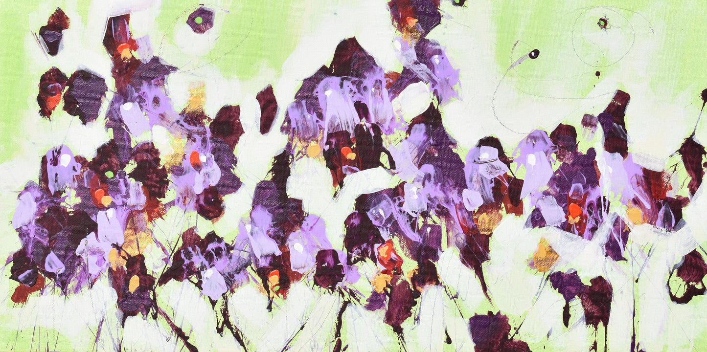 Purple Twilight Flowers 10″ x 20″ Abstract Painting on Panel