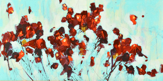 Red Flowers In February 10″ x 20″ Abstract Painting on Panel