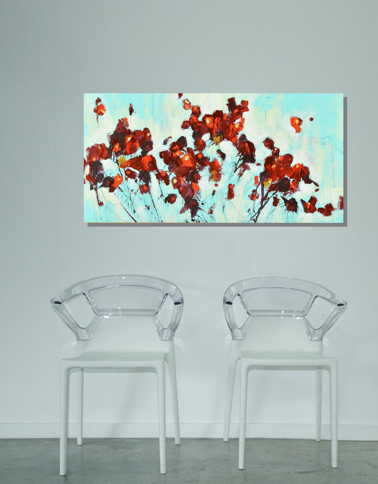 Red Flowers In February 10″ x 20″ Abstract Painting on Panel