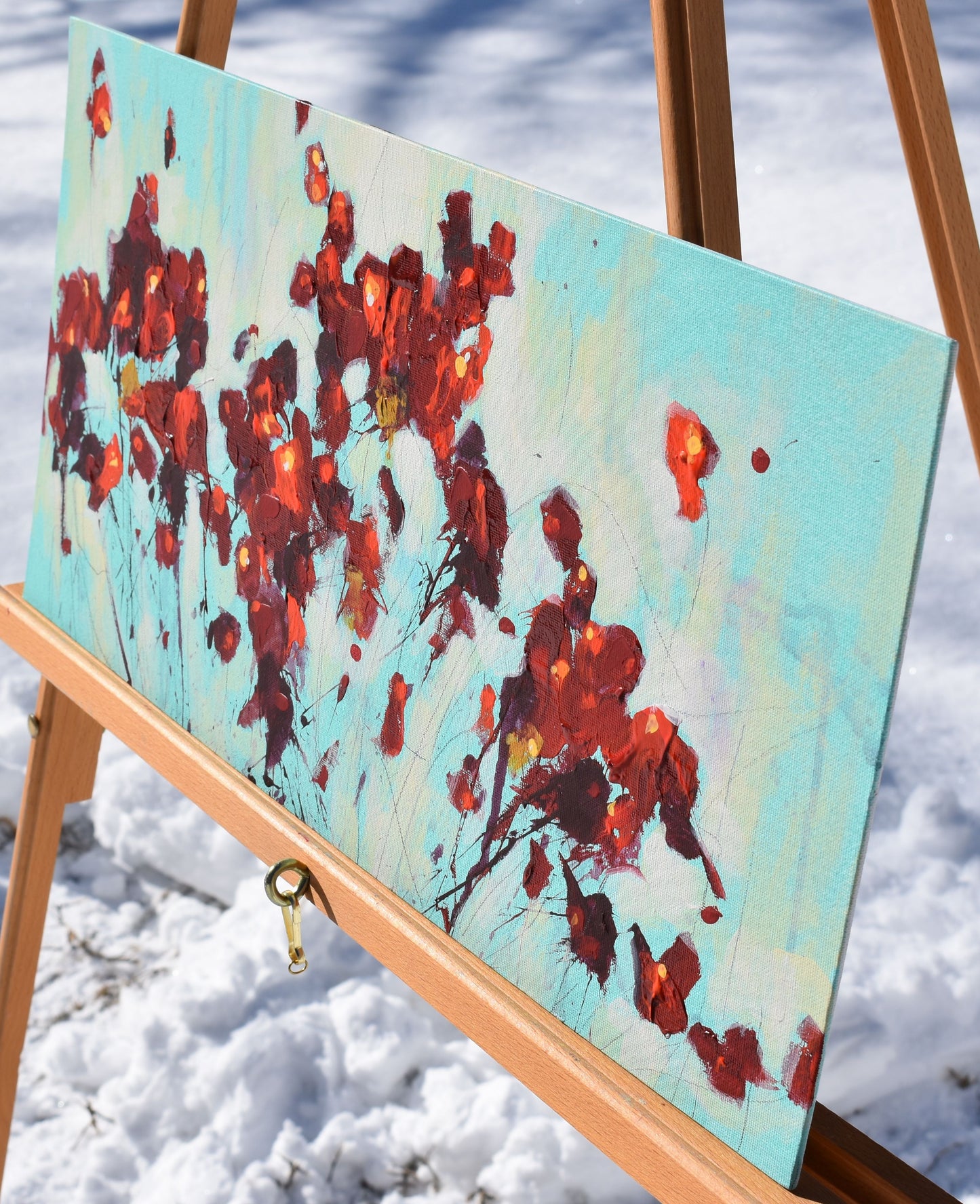 Red Flowers In February 10″ x 20″ Abstract Painting on Panel